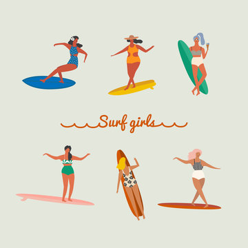 Flat illustration with surfer girls