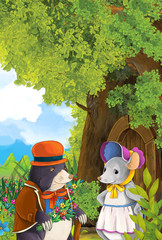 Cartoon fairy tale scene with a mole coming to visit to a mouse that is living in a tree house - illustration for children