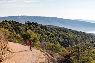Obraz premium Mountain biker riding on bike in summer sunset woods