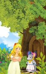 Cartoon fairy tale scene with a young little girl living in a tree house and waiting in front of the house - illustration for children