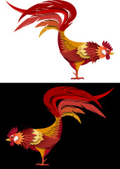 Fiery rooster image. Symbol of 2017 by the Chinese calendar. Image of aggressive rooster in red yellow colors on white and black background