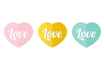 Cute decorative colorful heart icons with word love isolated on white background. Valentine's day symbol.