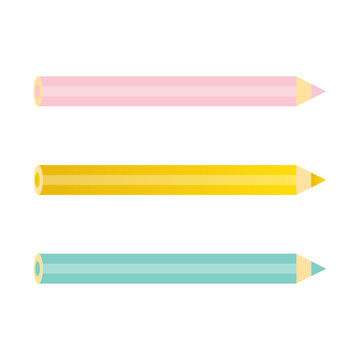 Cute pink, mint green and gold pencils isolated on white background.