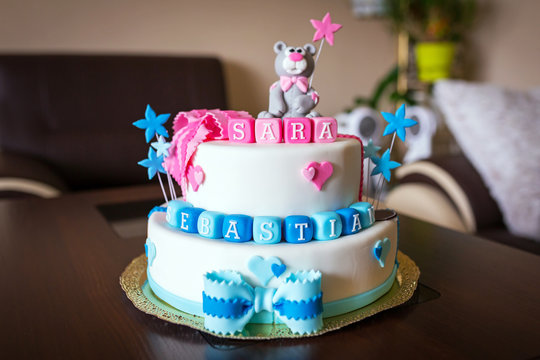 Birthday Cake For Baby Boy And Girl Twins With Names Stock Photo Adobe Stock