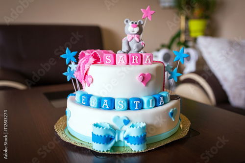 Birthday Cake For Baby Boy And Girl Twins With Names Stock Photo