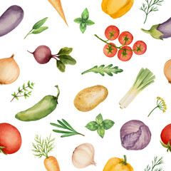 Seamless pattern with watercolor vegetables.