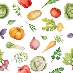Seamless pattern with watercolor vegetables.