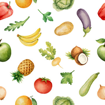 Seamless pattern with watercolor fruits and vegetables.