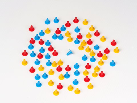 Illustration of one singled out by coloured plastic board game hats in various colours, Melbourne 2016