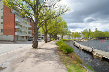 Fototapeta na wymiar View of Saimaa lake and embankment in Lappeenranta.