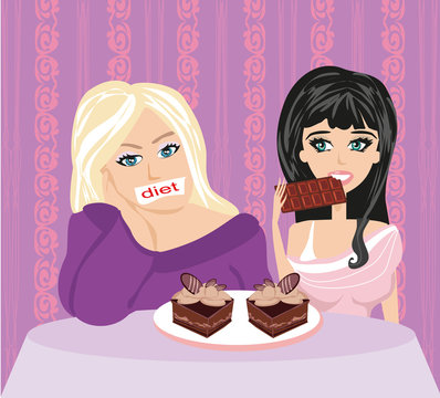 illustration of thick and thin girls in restaurant