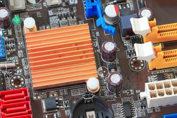 Socket electronics components on PC computer mainboard.