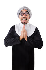 Man wearing nun costume isolated on white