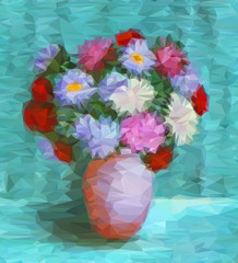 Flowers, Bouquet of Asters in a Pot, Low Poly Geometrical Polygonal Colorful Pattern. Vector