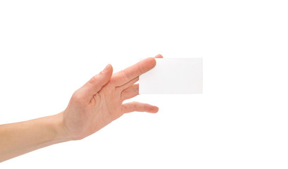 Female hand holding a business card. Isolated on white