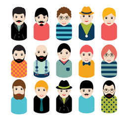 Set of people, avatar icons in flat stylized style. Man faces. Vector illustration.