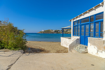 Fototapeta premium Vari beach in Syros, Cyclades, Greece. Panoramic view of one of