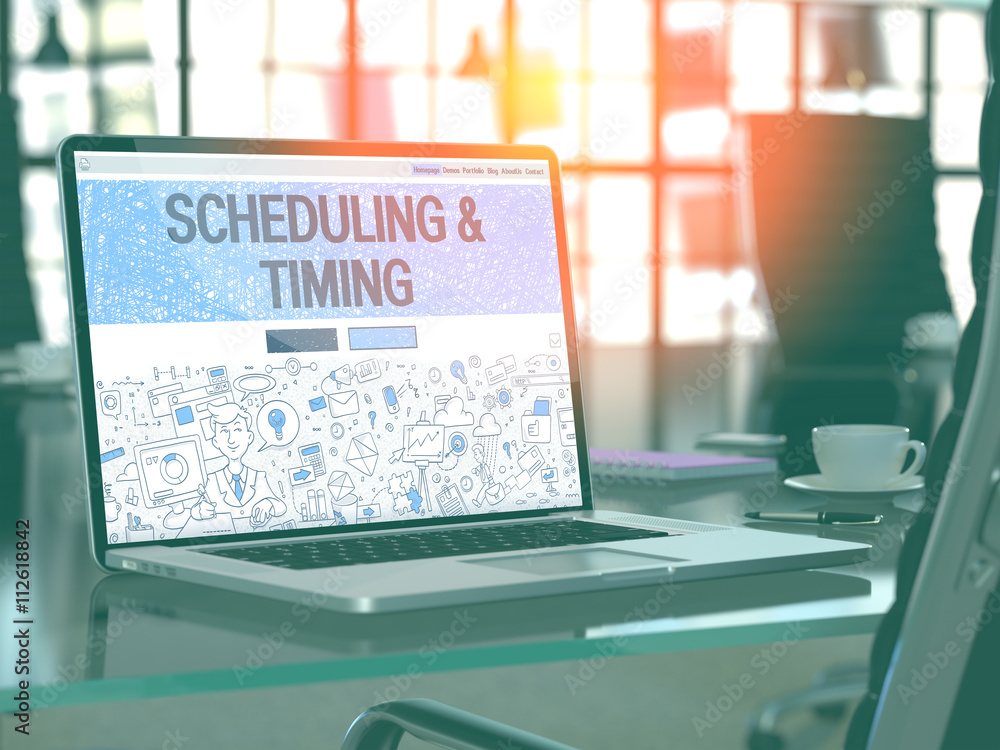Poster scheduling and timing concept closeup on landing page of laptop screen in modern office workplace. t