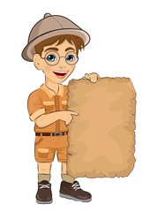 kid boy with glasses holding blank adventure map
