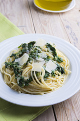 Spaghettis with spinach and Parmesan.