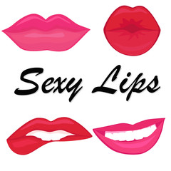 Vector set of sexy red and pink lips. Flat design for greeting, invitation card, websites, stickers. Kissing and smiling lips