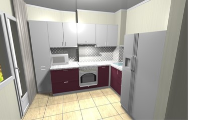 white Burgundy kitchen 3D rendering
