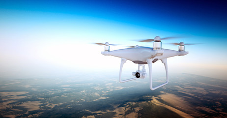 Naklejka na ściany i meble Photo White Matte Generic Design Air Drone with action camera Flying Sky under Earth Surface.Uninhabited Desert Mountains Sunset Background.Horizontal,front top angle view.Film Effect.3D rendering.