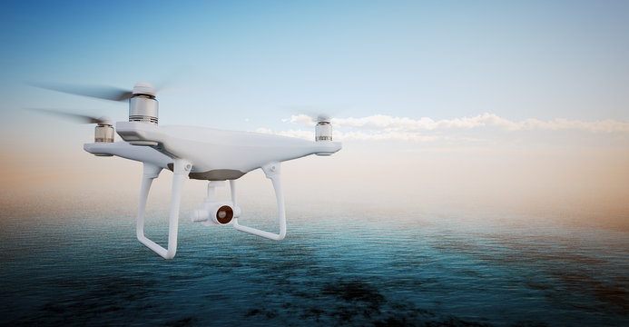 Photo White Matte Generic Design Modern Remote Control Drone action camera Flying in Sky under Water Surface. Ocean Sunrise Background. Horizontal, front side view.Film Effect. 3D rendering.