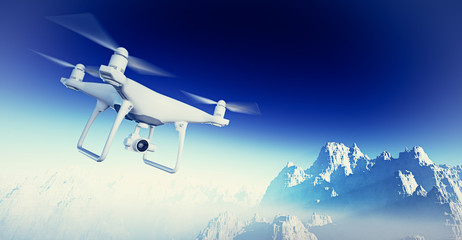 Naklejka na ściany i meble Photo White Matte Generic Design Modern RC Air Drone with action camera Flying in Sky under the Earth Surface. Grand Canyon Background. Horizontal, front side angle view. Film Effect. 3D rendering.