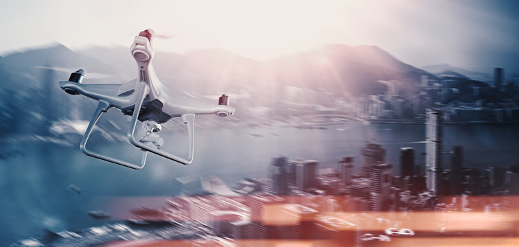 Photo White Matte Generic Design Remote Control Air Drone with action camera Flying Sky under City. Modern Megapolis Background. Wide, side view. Motion Blur,Flare Effect. 3D rendering.