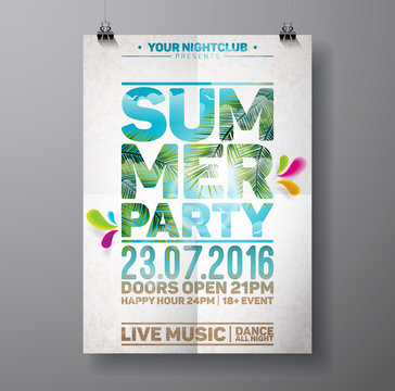 Vector Summer Beach Party Flyer Design with palm leaves and typographic elements on ocean landscape background.