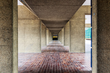 Brutalist architecture, pedestrian hallway in the Barbican Complex, London
