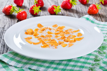 Corn flakes with milk and strawberries, close-up