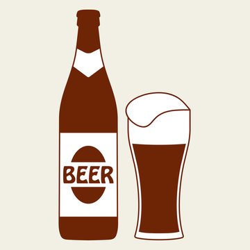 Beer bottle with glass (mug) icon or sign. Vector symbol and design element for restaurant, pub or cafe.