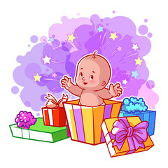 Card with cute baby in gift box.