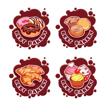 Four stickers with different bakery products.