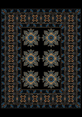 Luxury carpet in blue shades with ethnic ornament on the border and the middle

