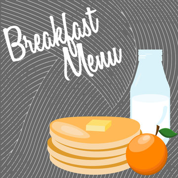 Pancakes with orange juice and coffee on blue background