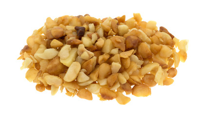 Portion of macadamia nut pieces on a white background