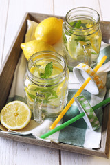 Cool refreshing drink: water, lemon and mint