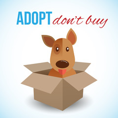 Cute dog in a box with Adopt Don't buy text. Homeless animals concept, pets adoption theme. Vector illustration