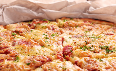 Tasty pizza on paper close up