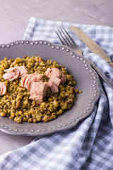Homemade stewed mung beans with canned tuna