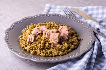 Homemade stewed mung beans with canned tuna