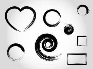 Ink calligraphy strokes. Heart shape, round, circle, spiral, square black set elements vector