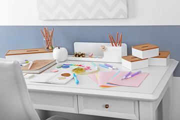 Office and school set with stationery and notebooks on a table