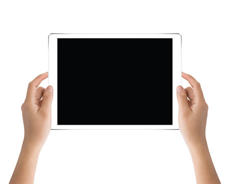 hand holding black tablet isolated on white clipping path inside