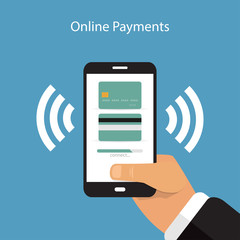 Smartphone with processing of mobile payments from credit card on the screen in flat style