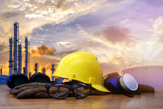 Set of safety work wear on tanker refinery background , image construction concept.