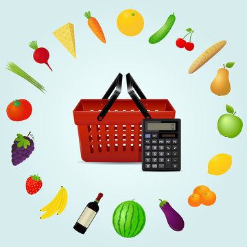 Food shopping concept. Calculator, shopping basket and groceries. Vector illustration.